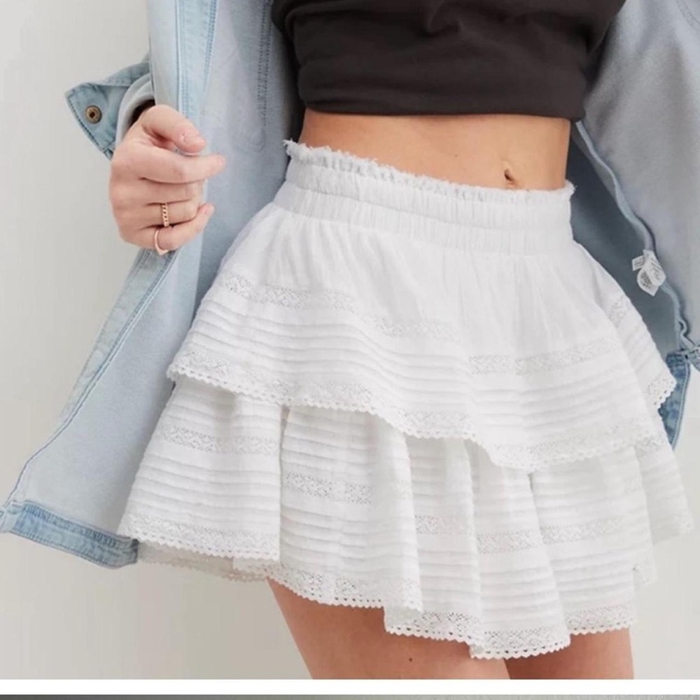 Aerie White Skater Mini Skirt with Tiered Smocked Design